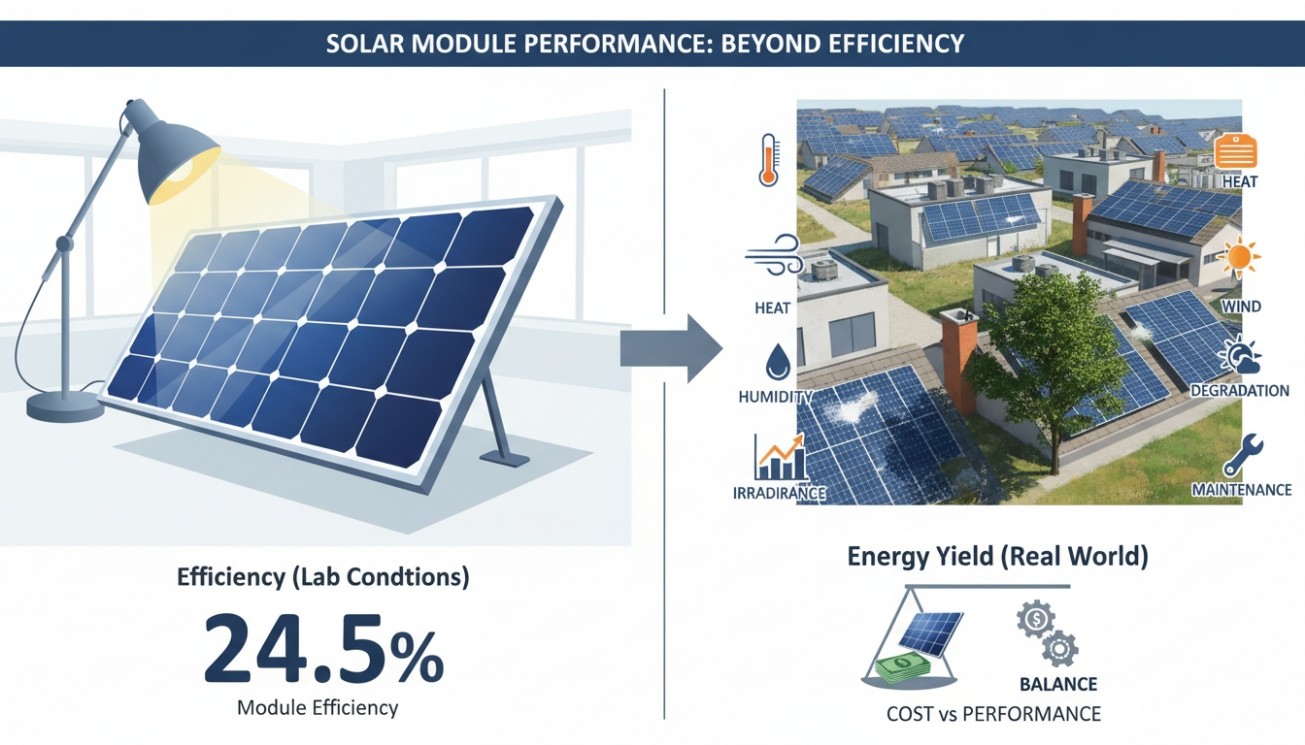 Standard solar panel performance comparison between laboratory efficiency and real-world energy yield affected by heat wind humidity degradation and maintenance